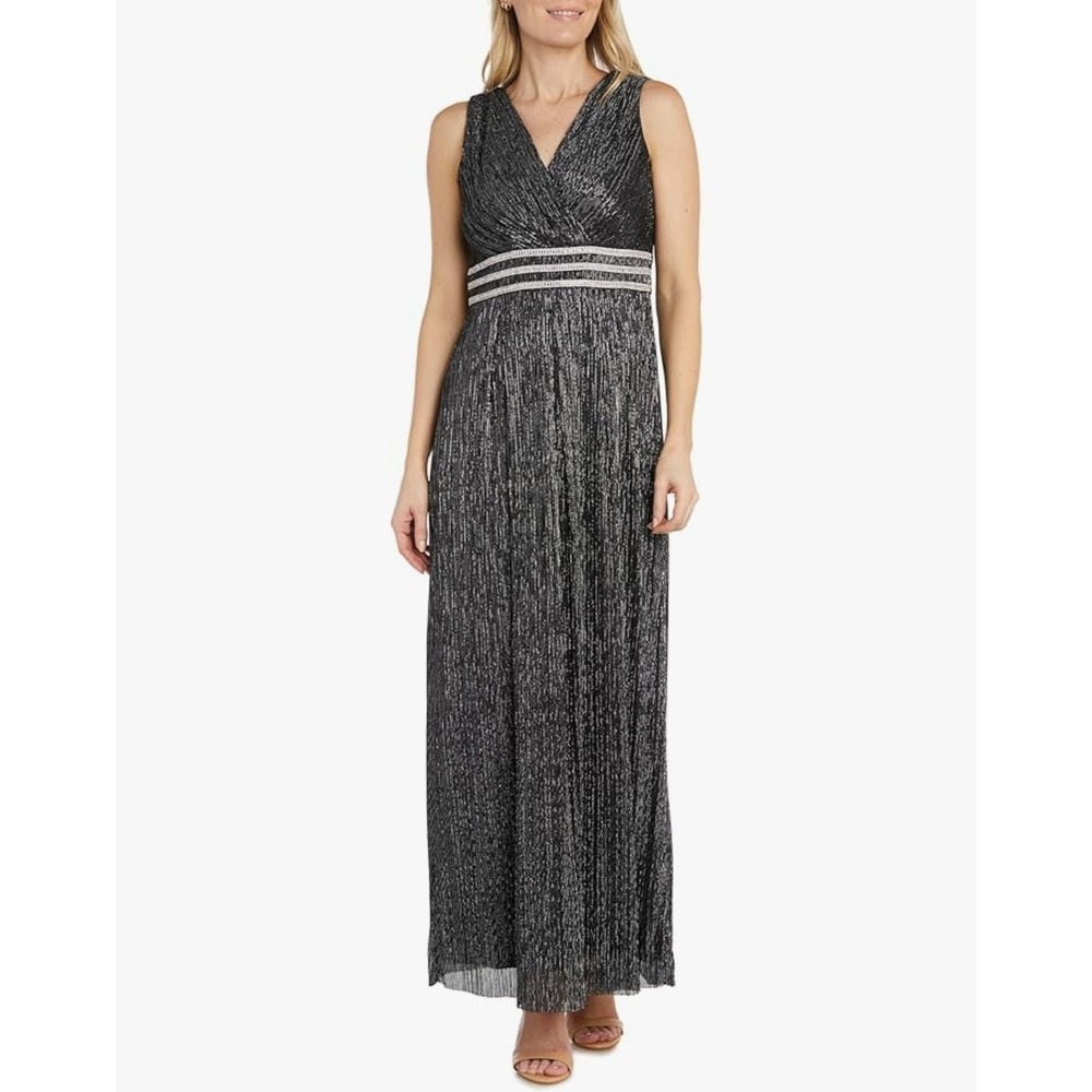 R & M Richards Black Silver Crinkle Pleated Sleeveless Gown
